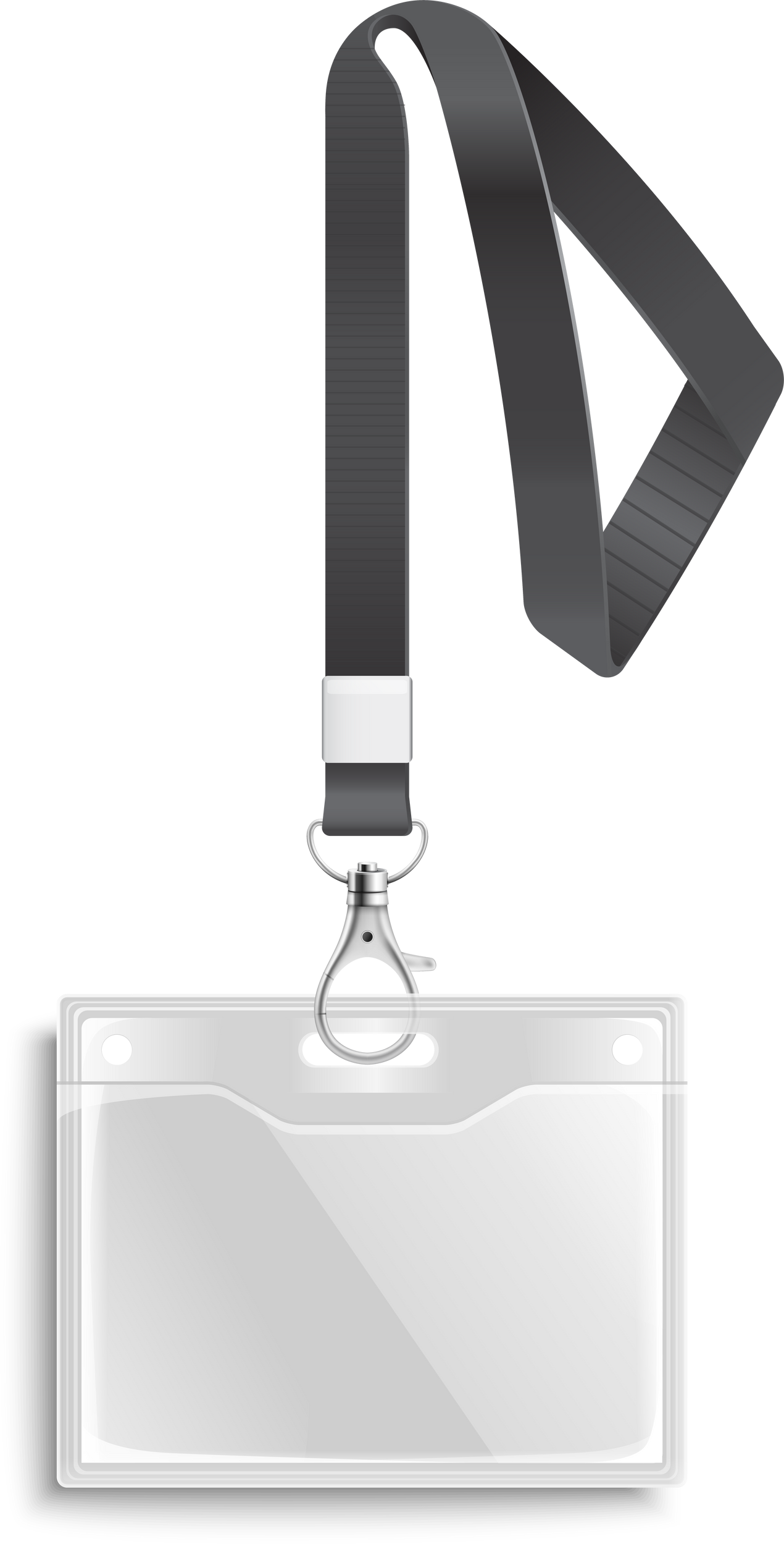 Realistic employee identification card on black lanyard with clasp