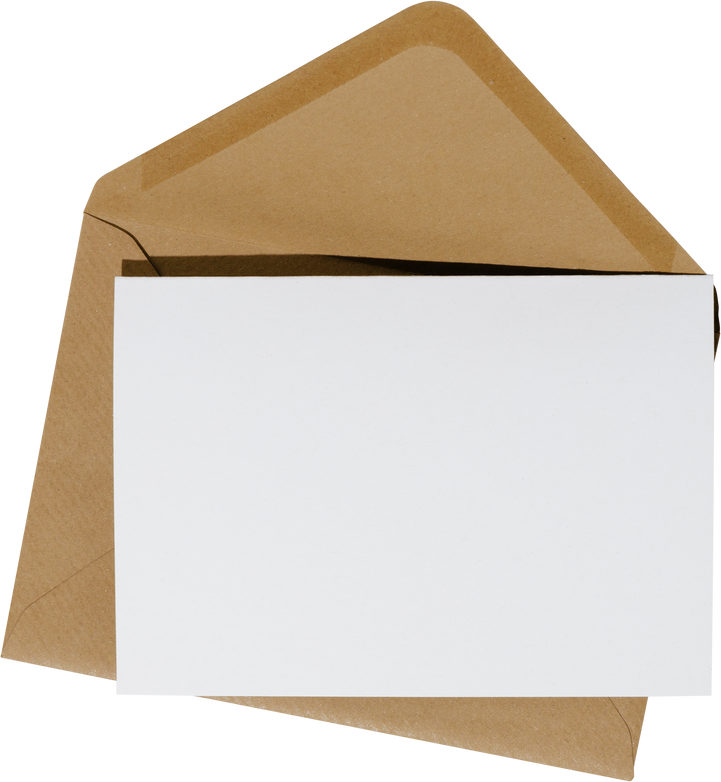 Blank white card with kraft brown paper envelope on transparent background template mockup